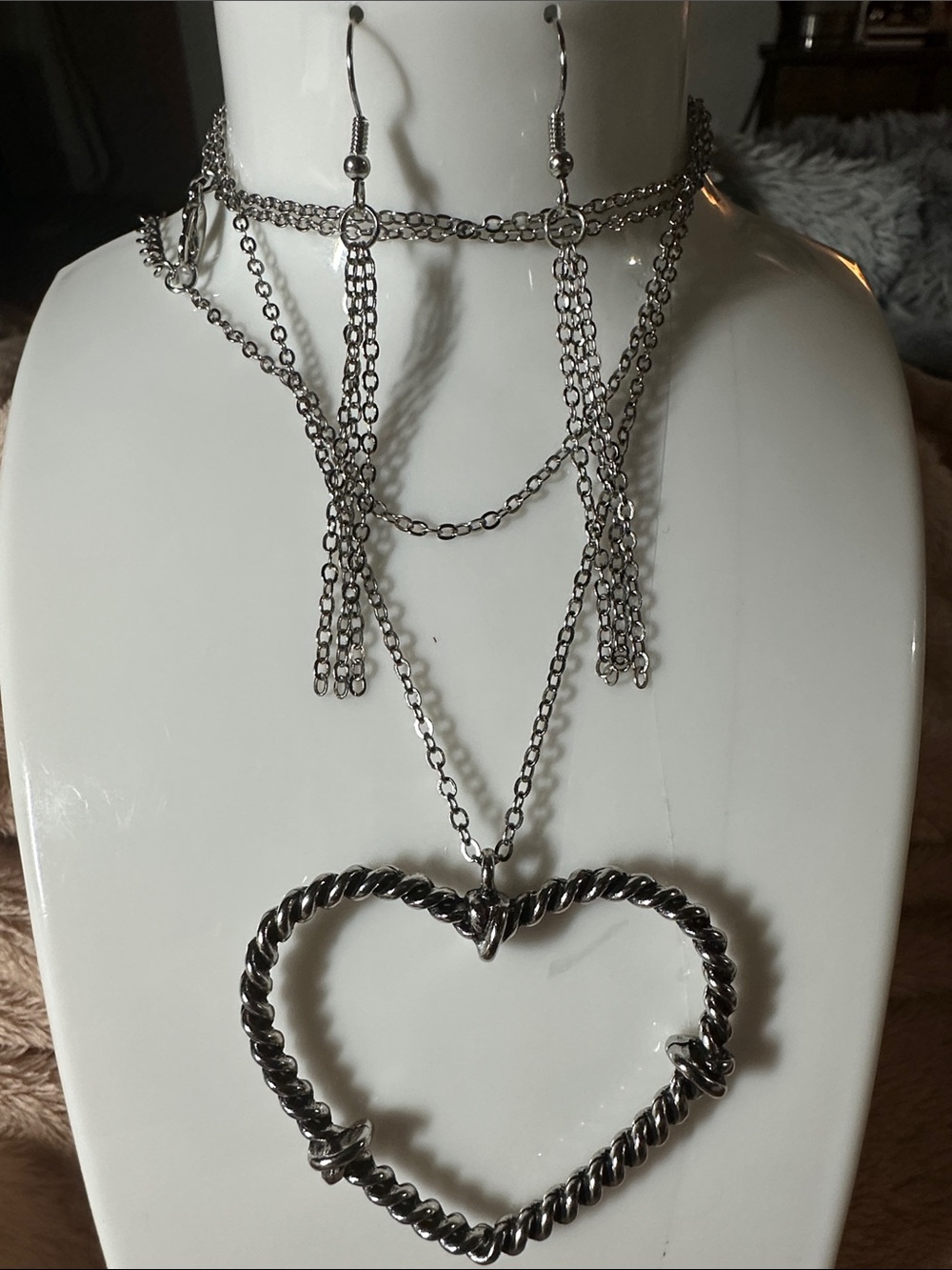 3PCS Silver-Tone Layered Heart Pendant Choker Necklace